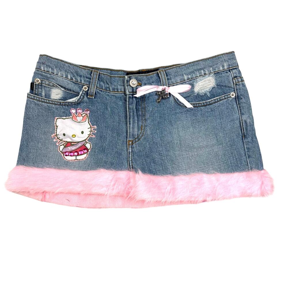 Juicy Couture Hello Kitty Denim Mini Skirt Sz 30 Pink Faux Fur Trim Y2K McBling